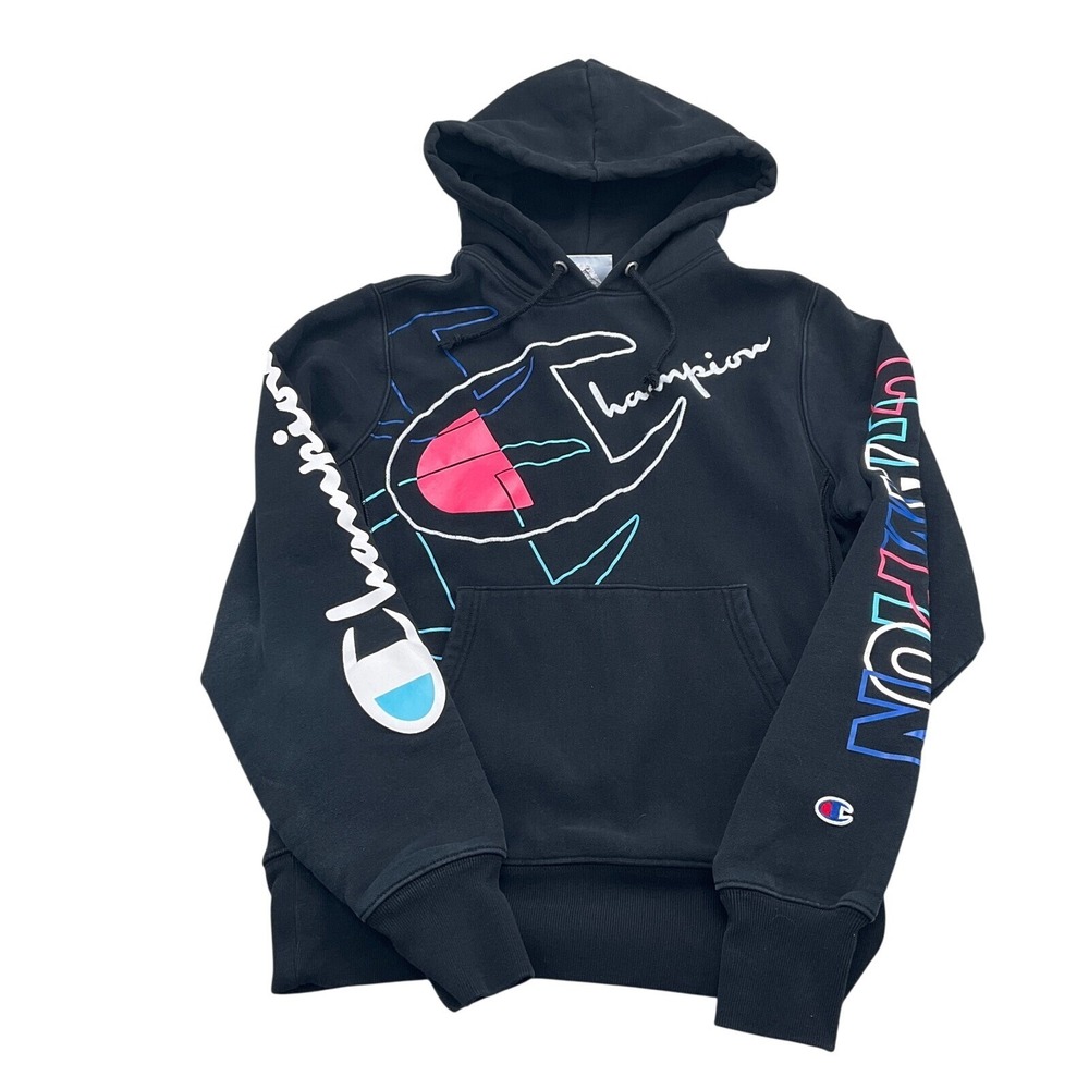Champion Hoodie Youth Small Black Multi Spell Out Logo Reverse Weave Pullover